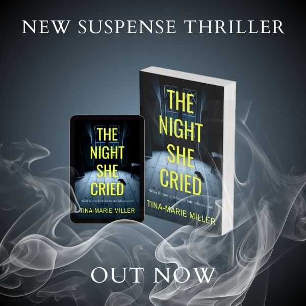 3D book cover surrounded by smoke and text 'New Suspense Thriller Out Now'